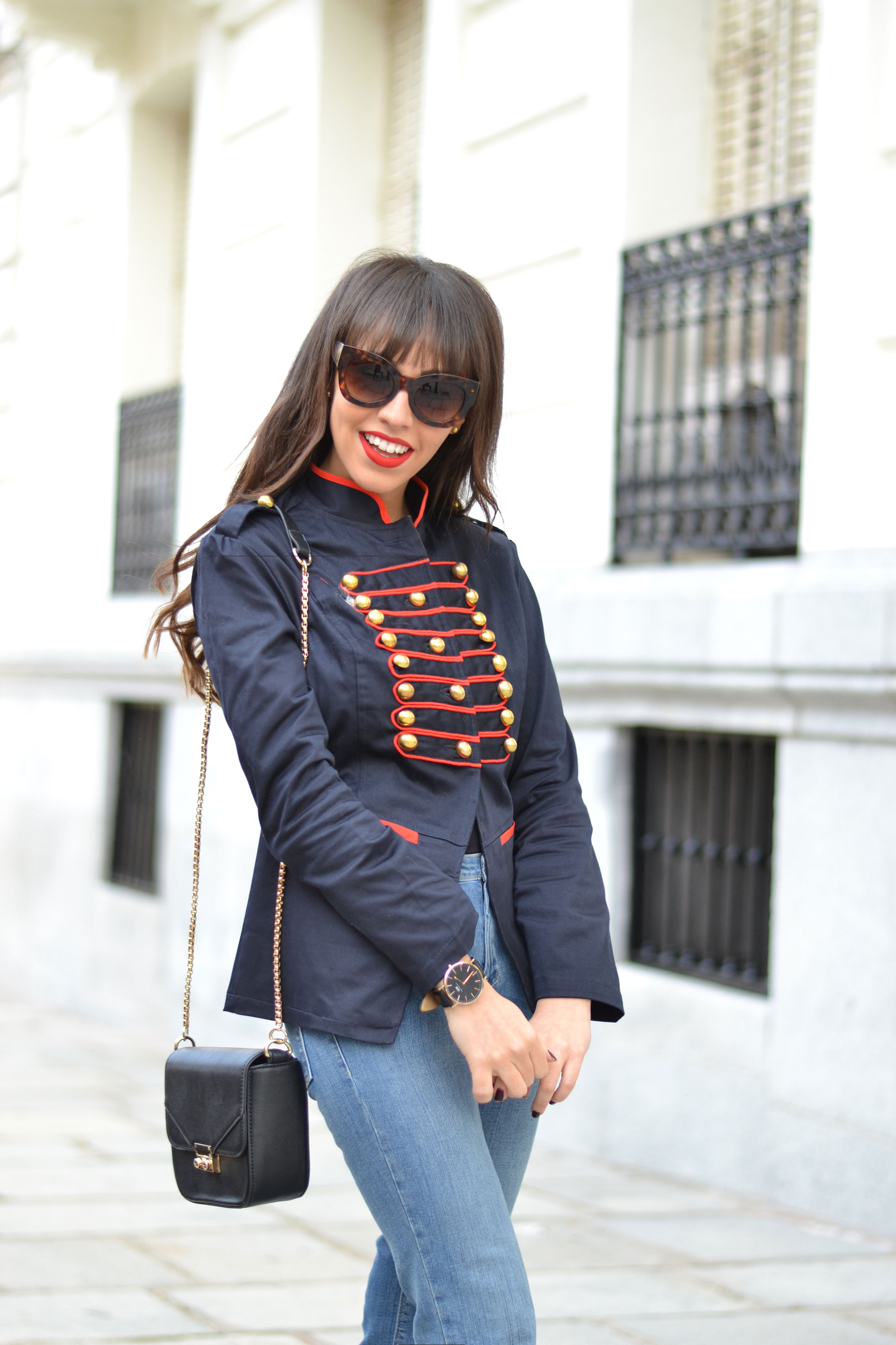 military jacket with red toggles, flared denim pants, street style, winter outfit, daniel wellington