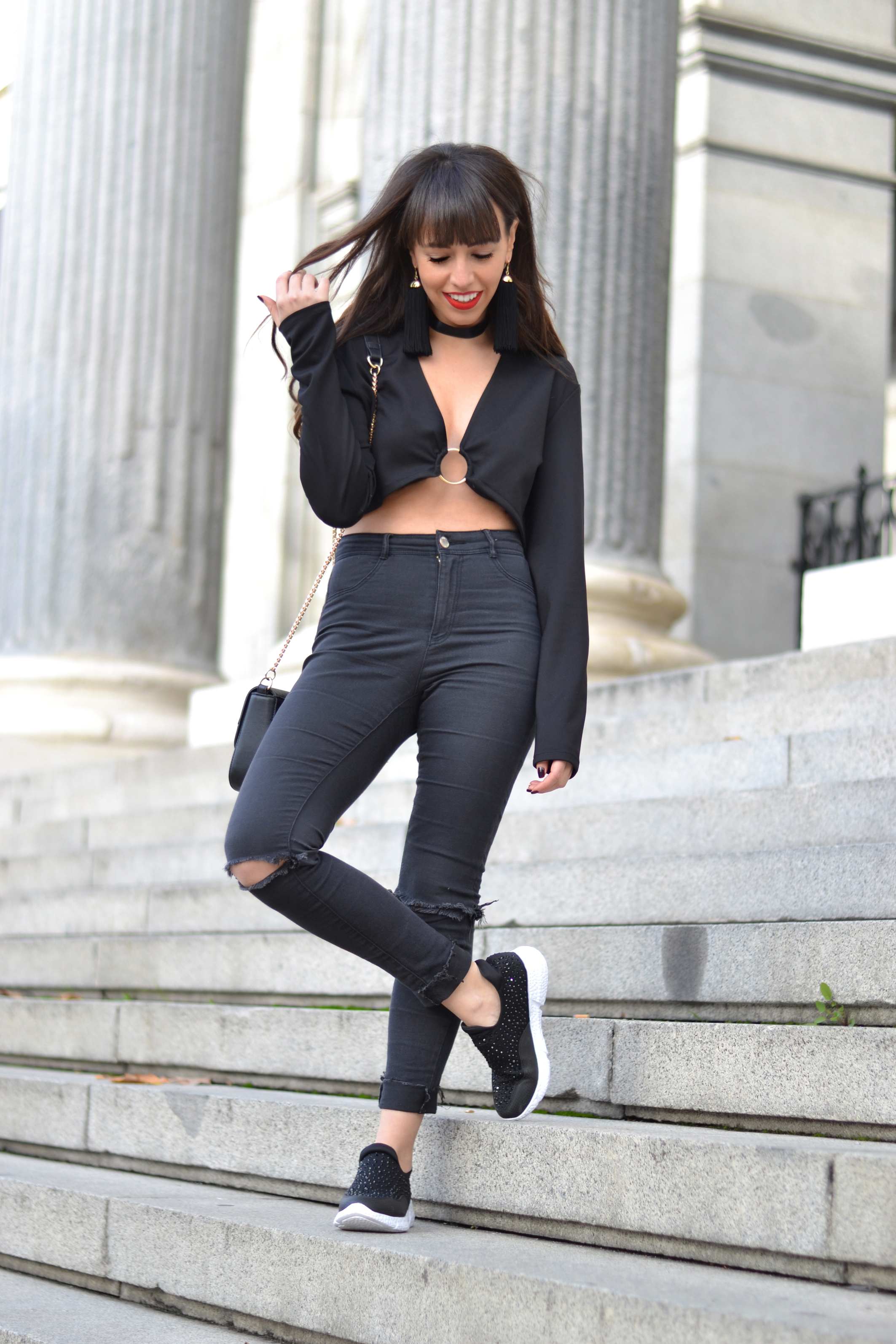 Street style, casual outfit, black crop top outfit ideas, jeweled sneakers