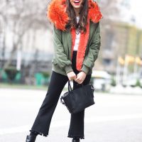 Color fur hoodie parka, pompom trousers, gold heel, street style