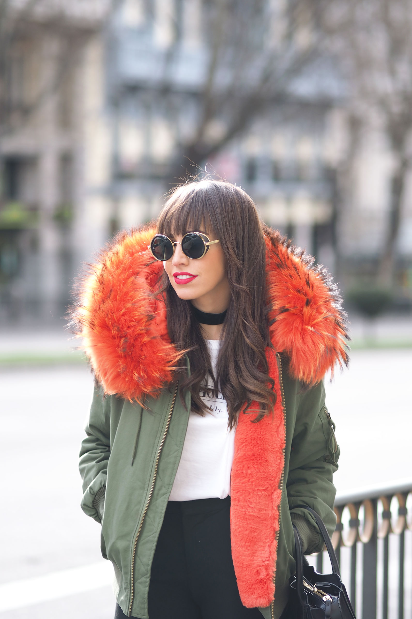 Color fur hoodie bomber, pompom trousers, gold heel, street style