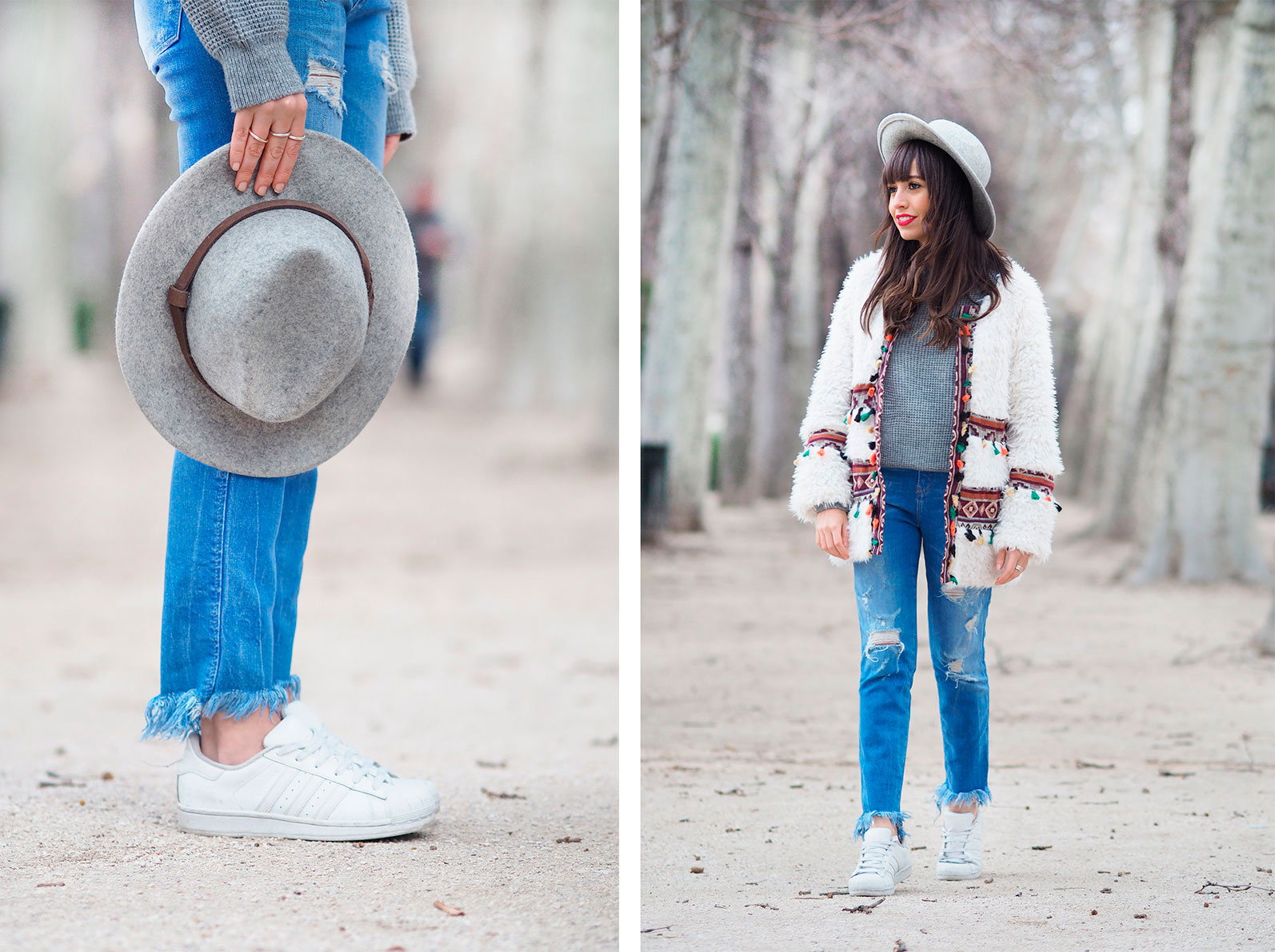 boho coat, boho outfit, tripti and co sweater, grey hat, street style