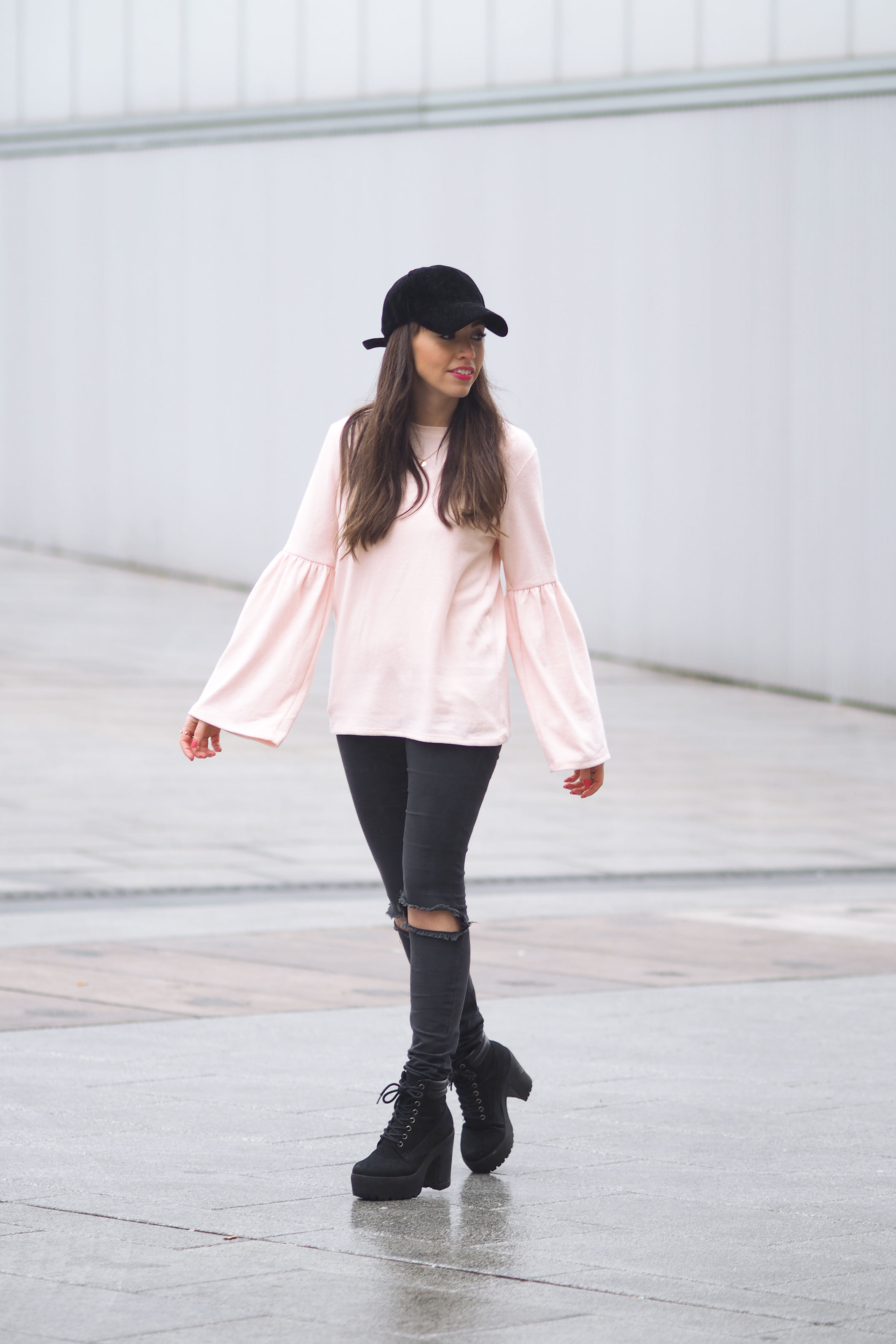 Mint parka coat, Velvet black cap, flared pink sweater, wear wild, streetstye