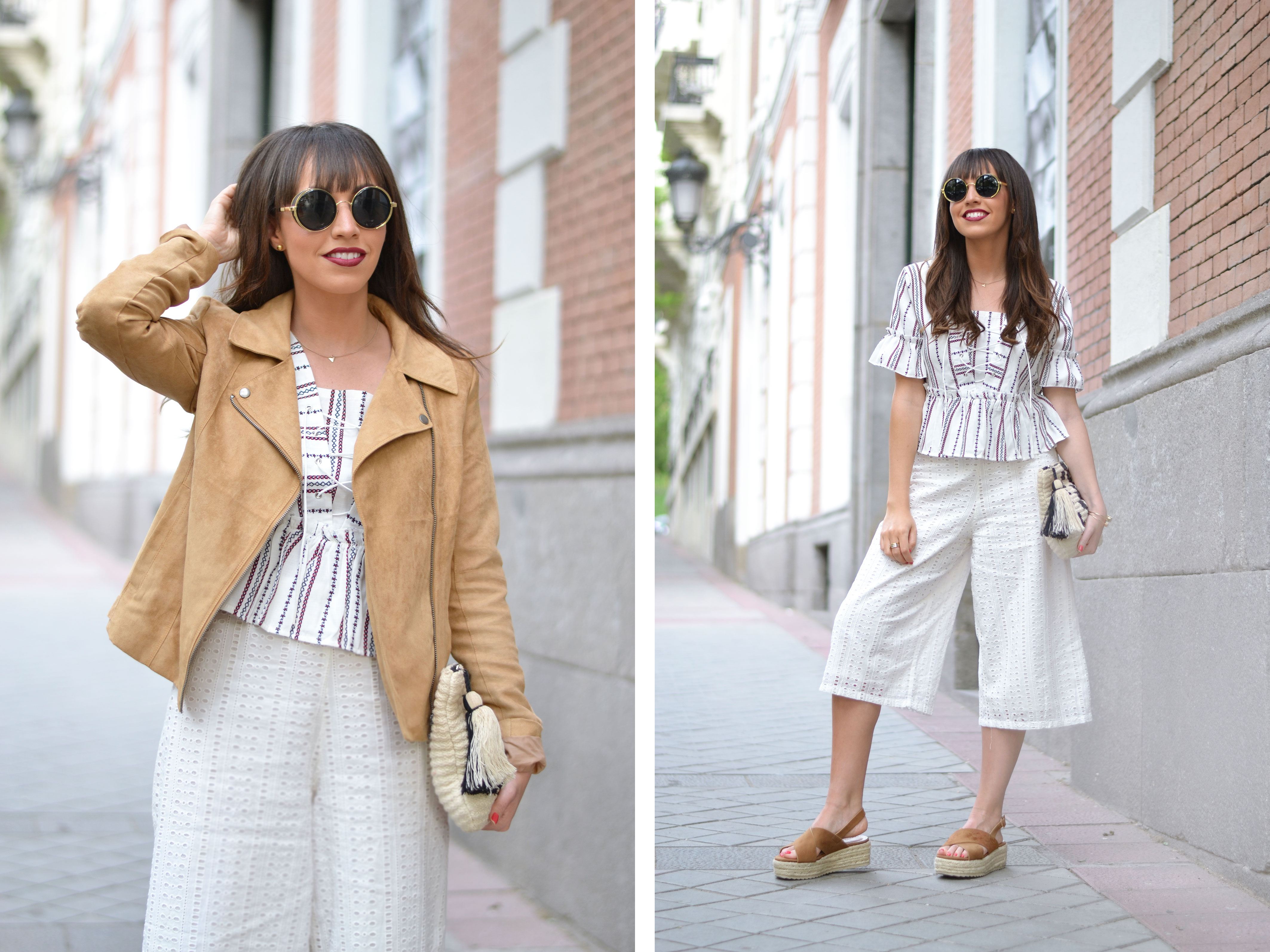 culotte pants, beige jacket, lace up blouse, spring outfit, street style