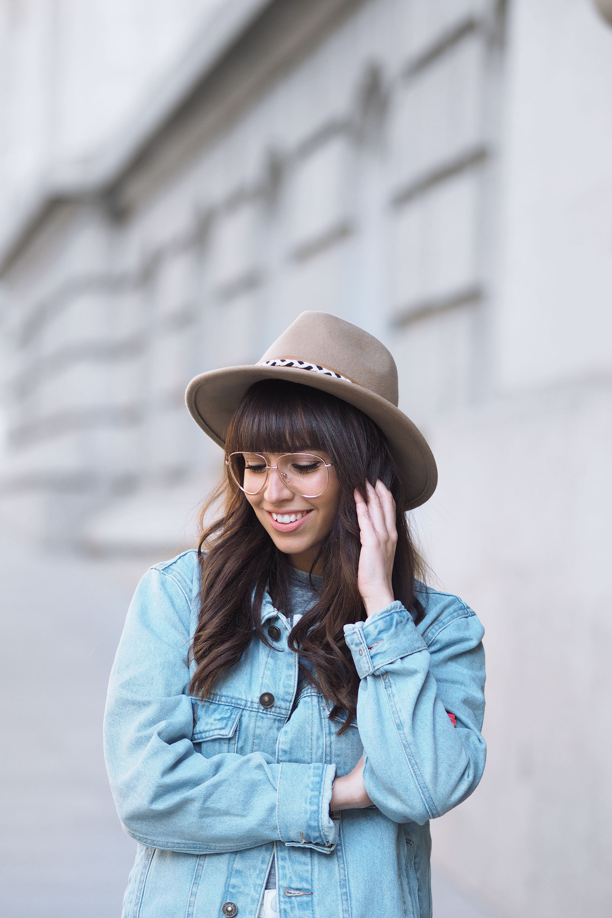 denim oversized jacket, sprint outfit, clear glasses, ethnic hat, street style, wear wild