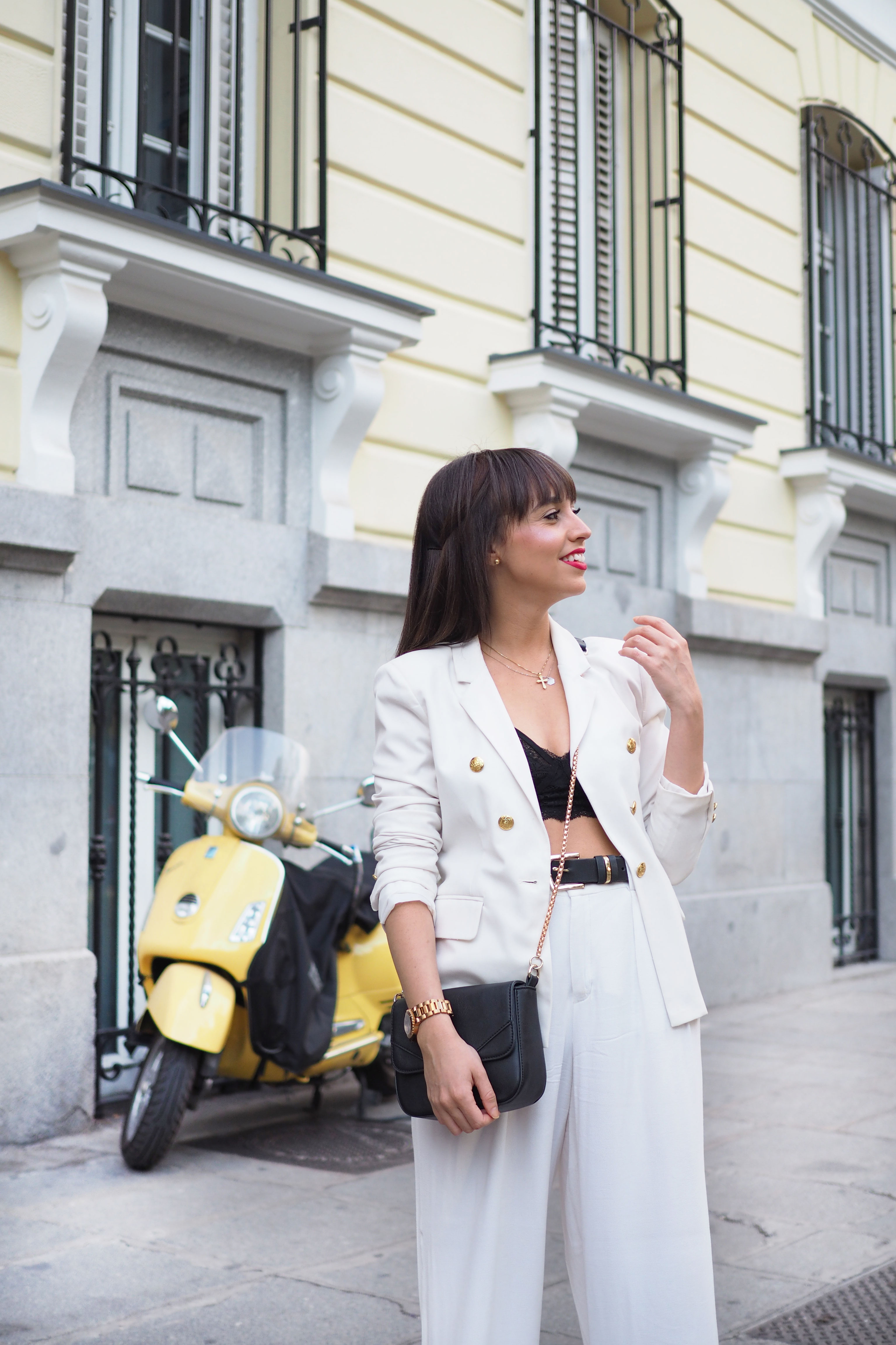 black and white outfit, palazzo pants, bralette top, street style, spring outfit