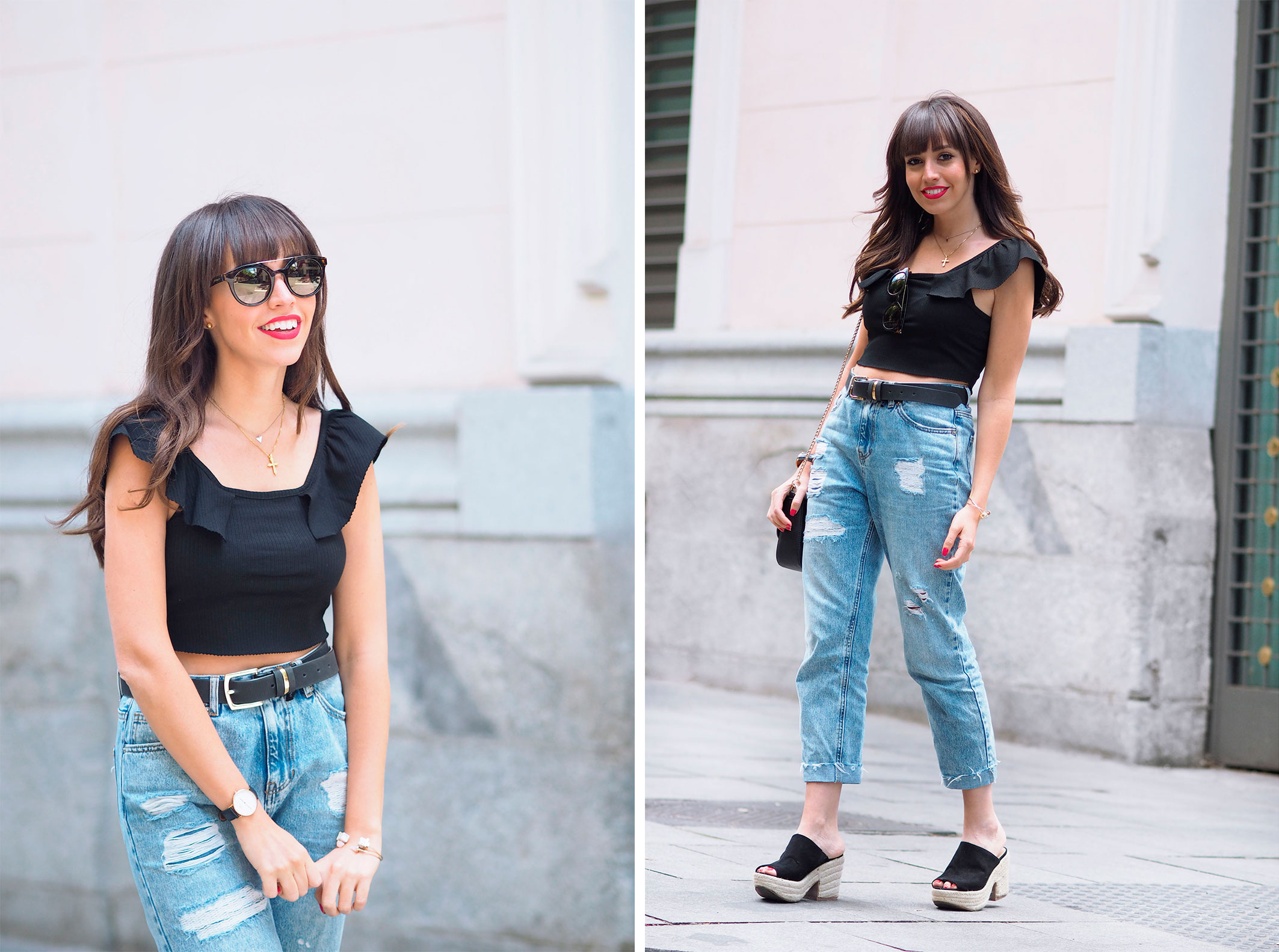 black top, gafas opticalia, mom jeans, spring outfit, street style