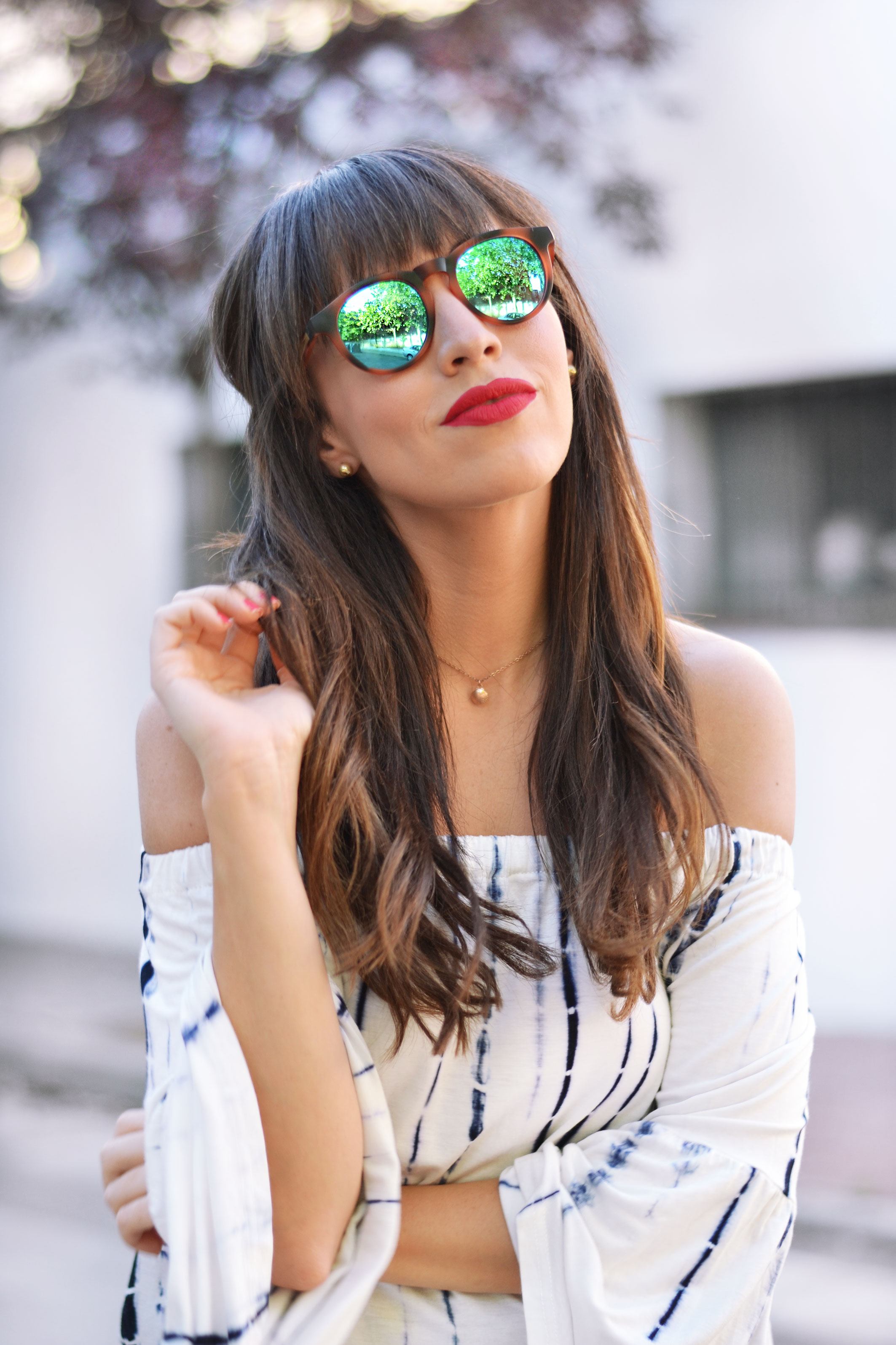 round raffia bag, mirror sunglasses, tie dye of the shoulders top, summer, outfit, street style