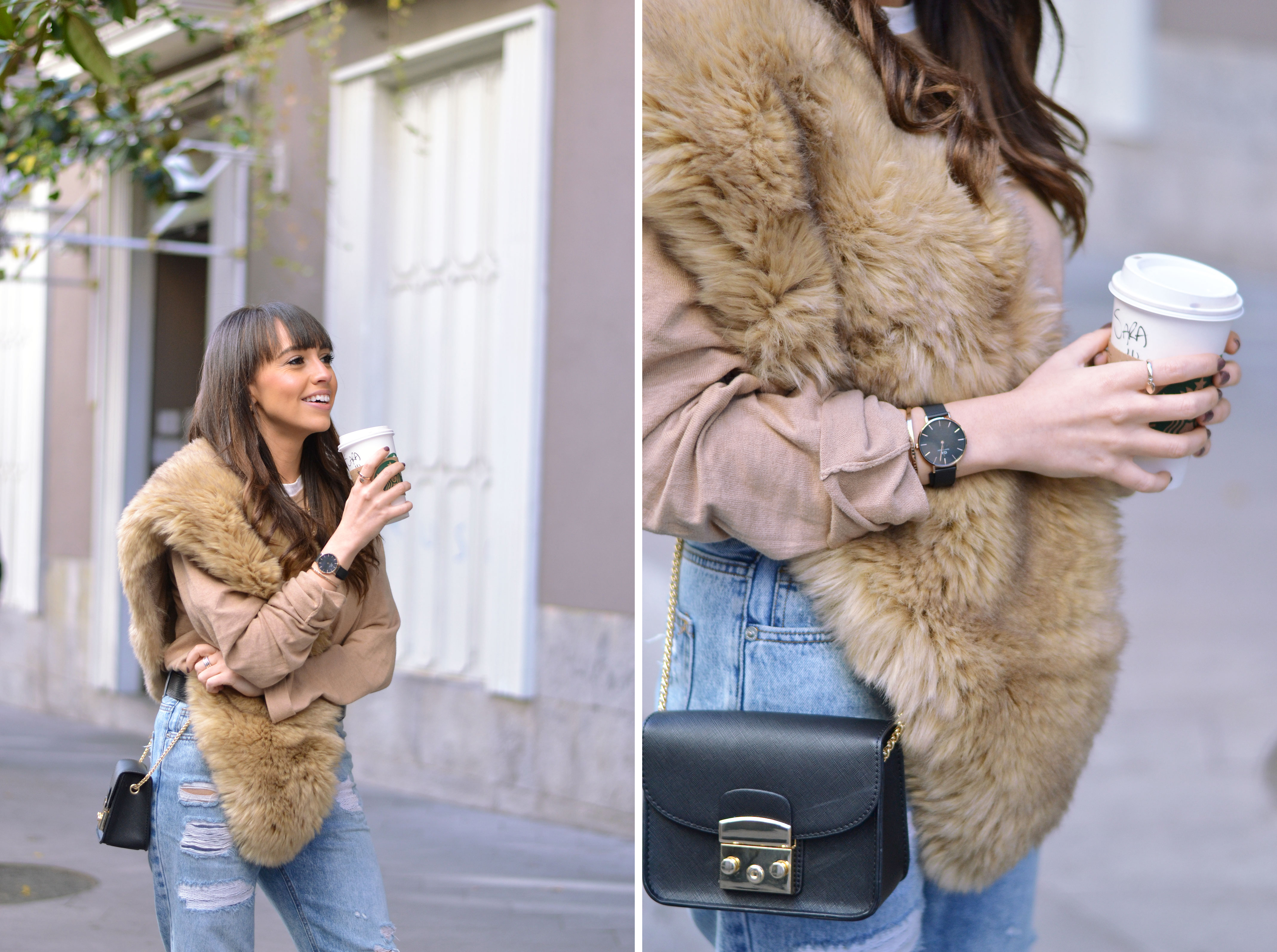 beige fur, autumn outfit, mom pants, street style
