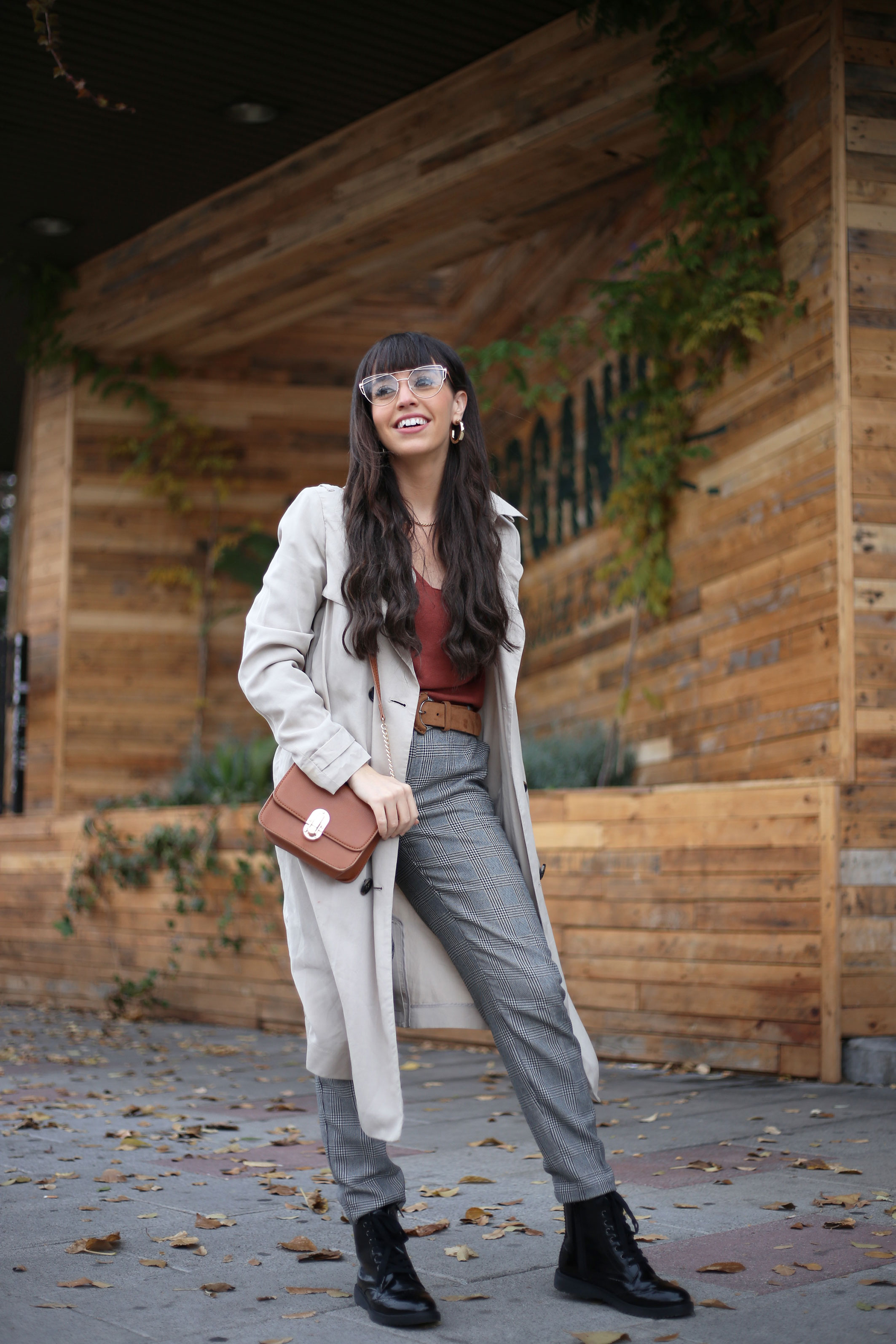 Open Shoulder Sweater, trench coat, checked pants, autumn outfit, street style