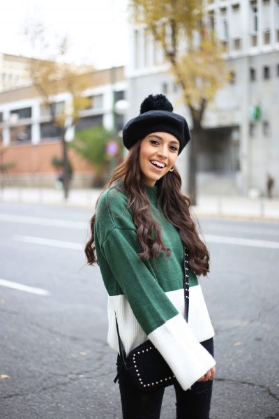green sweater, black beret, street style, winter outfit