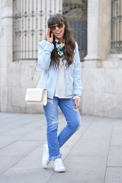 denim pants style, baby blue jacket printed scarf, carven pour la redoute jacket, street style outfit
