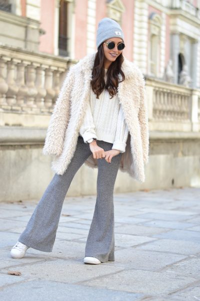 Winter outfit, street style, Warm white coat, knited flared pants, grey beanie