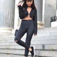 Street style, casual outfit, black crop top outfit ideas, jeweled sneakers