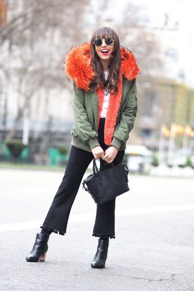 Color fur hoodie parka, pompom trousers, gold heel, street style