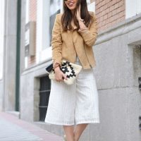 culotte pants, beige jacket, lace up blouse, spring outfit, street style